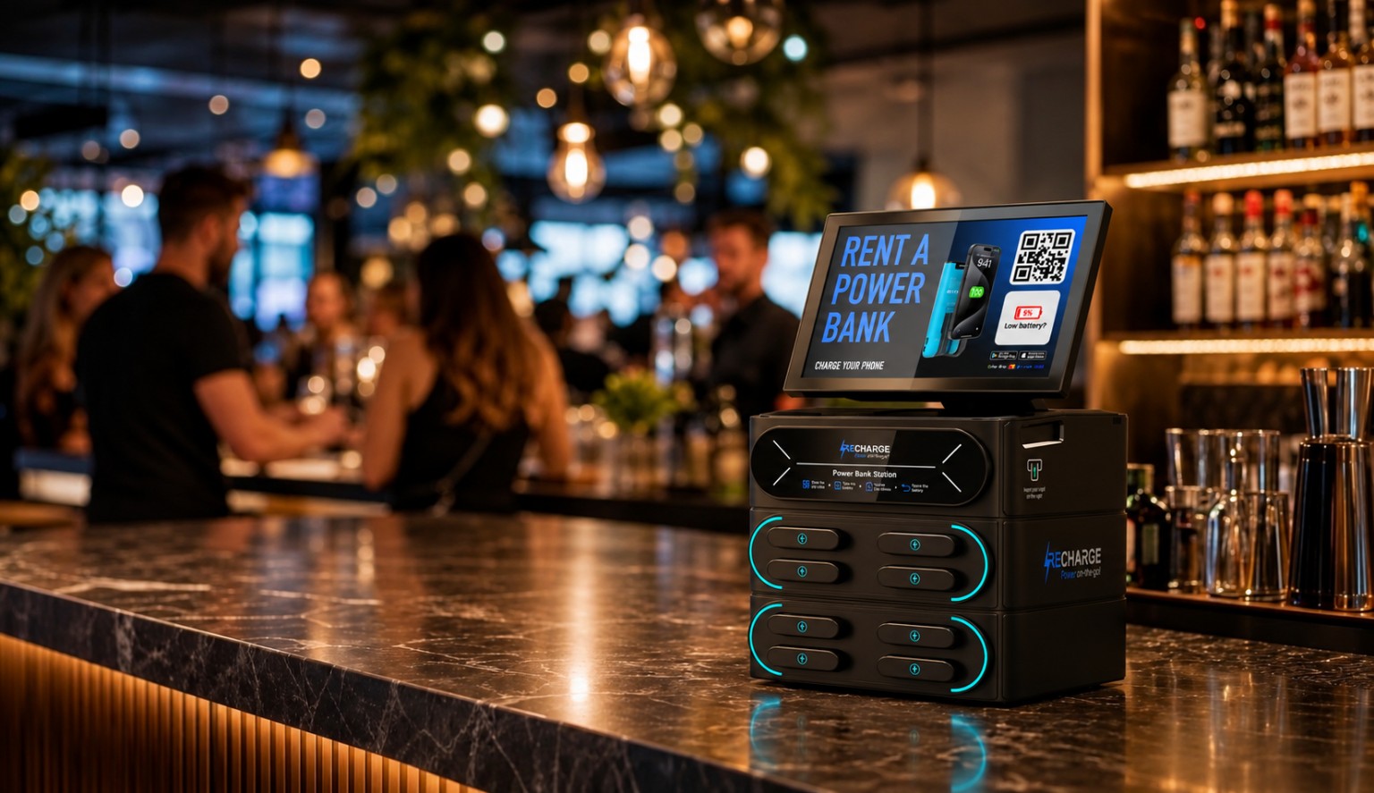 RECHARGE charging station with a digital screen for venue promotions