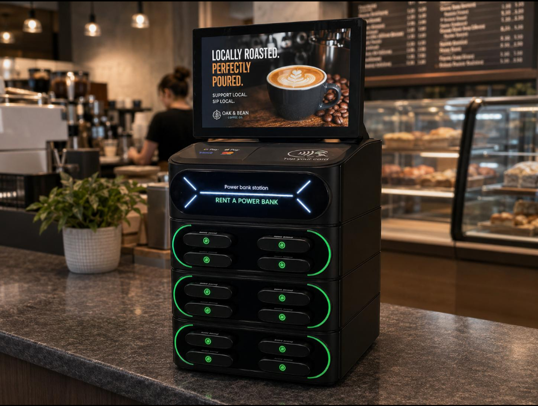 RECHARGE portable power bank rental station with a digital advertising screen in a café